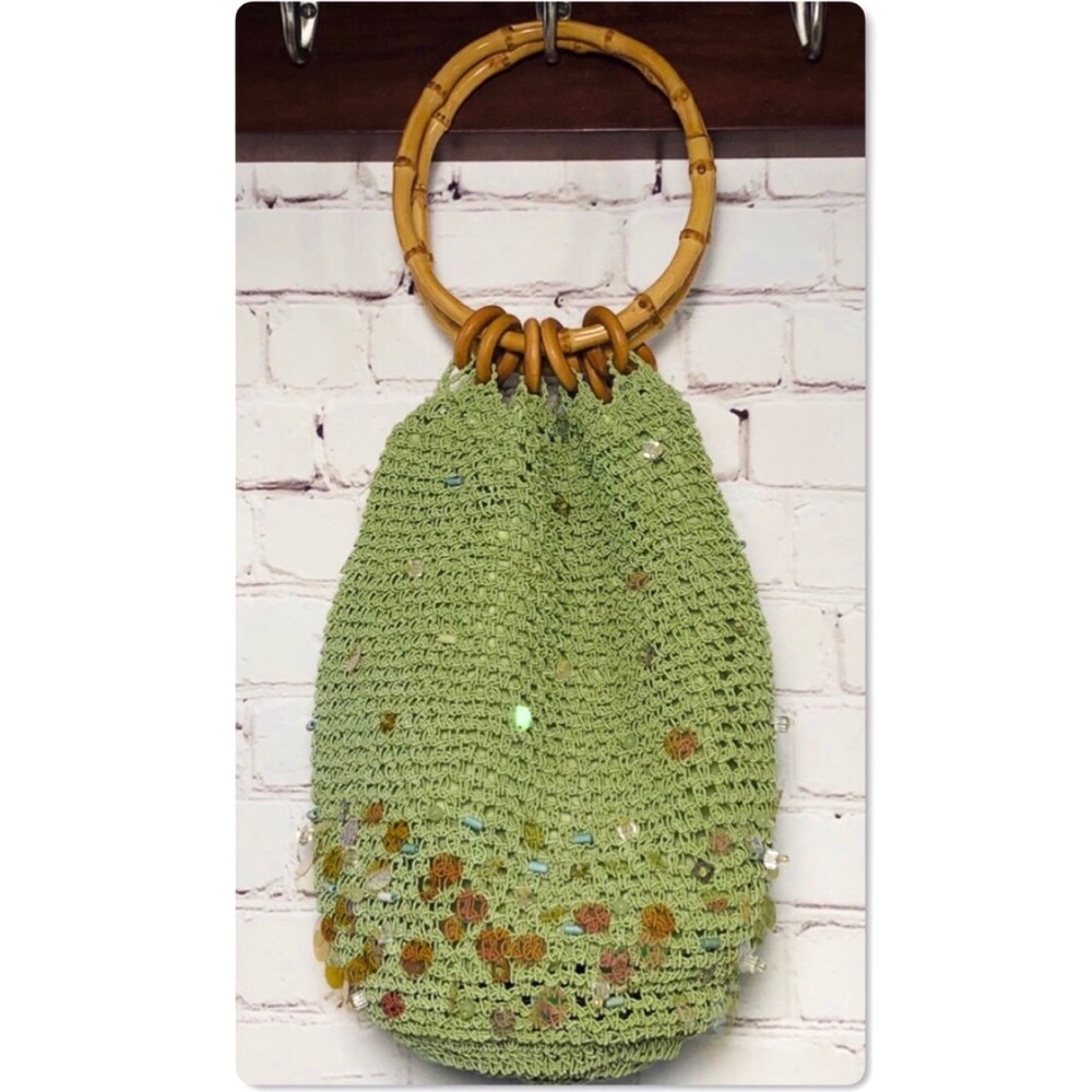 Cappelli Purse Green Crocheted Bag Boho Chic Round Rattan Handle
